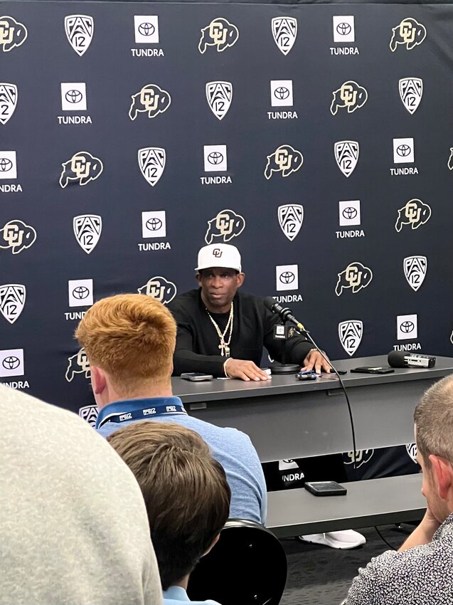 Colorado head coach Deion "Coach Prime" Sanders takes questions after the Colorado-Colorado State game Sept. 16 at Folsom Field in Boulder. Fourteen players from Colorado Community Media's various coverage areas suited up for the rivalry game, which Colorado won 43-35 in double overtime.